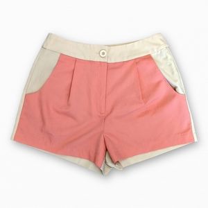 Vintage Cream Pink Pleated Front Color Block Summer High Waist Shorts